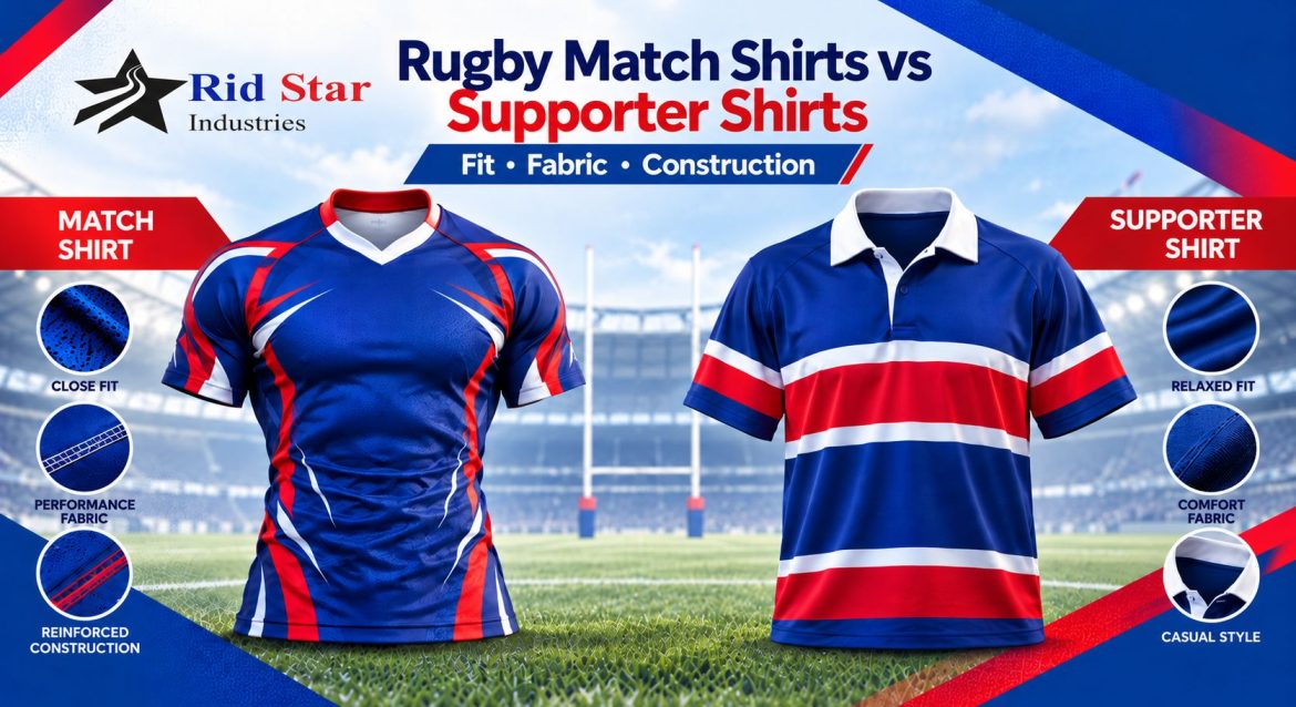 Illustration comparing a close-fit rugby match shirt with a relaxed supporter shirt.
