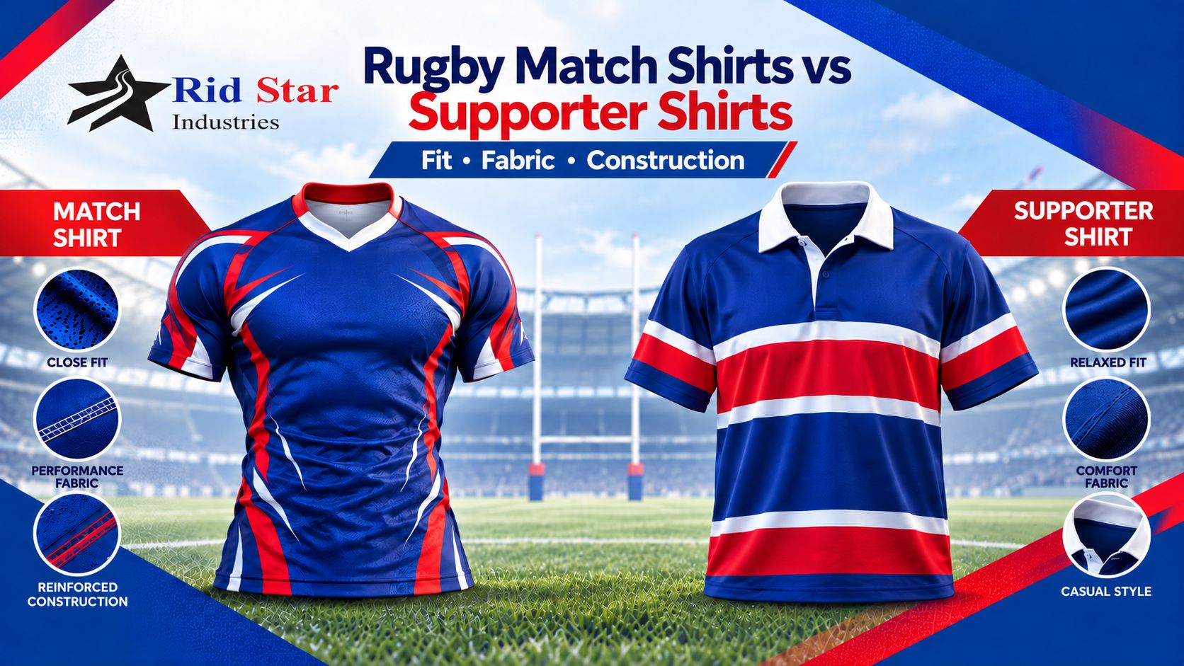 Illustration comparing a close-fit rugby match shirt with a relaxed supporter shirt.