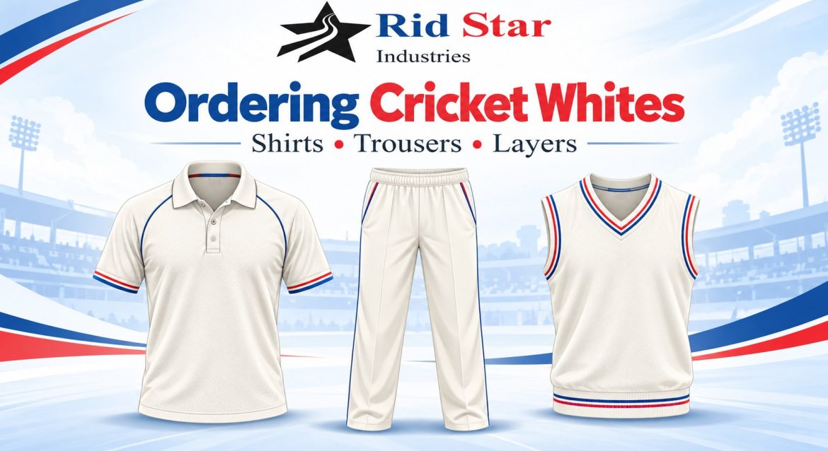 Coordinated cricket whites showing a shirt, trousers and sleeveless layer.