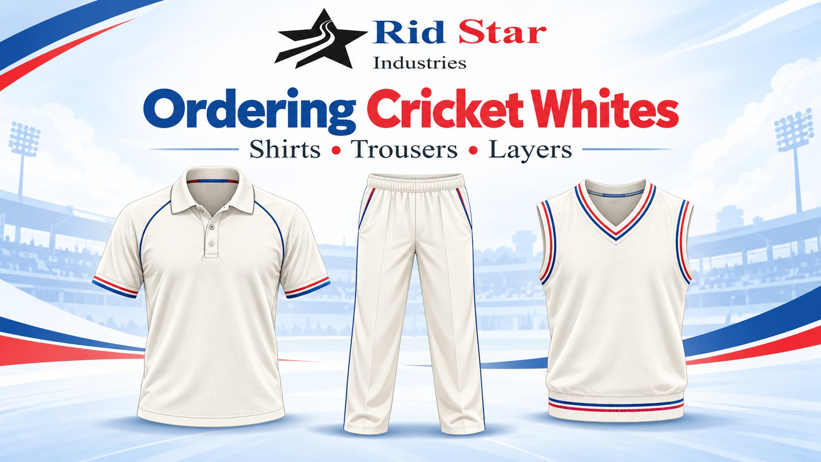 Coordinated cricket whites showing a shirt, trousers and sleeveless layer.